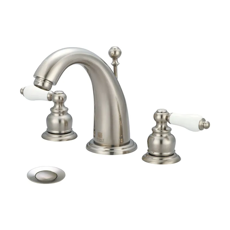 Editor’s Pick Pioneer Faucets Brentwood 1.2 GPM Widespread Bathroom Faucet with Porcelain Lever Handles and Brass Pop-Up Drain