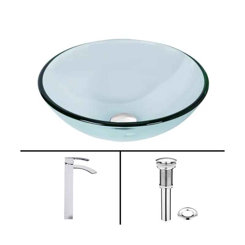 Free Shipping Vigo Giovanni 17" Circular Glass Vessel Bathroom Sink with 1.2 GPM 12" Deck Mounted Bathroom Faucet and Pop-Up Drain Assembly