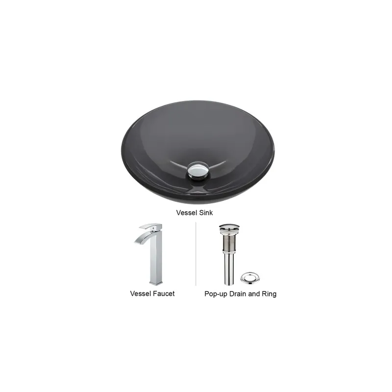 Instant Buy Vigo Giovanni 17" Circular Glass Vessel Bathroom Sink with 1.2 GPM 12" Deck Mounted Bathroom Faucet and Pop-Up Drain Assembly