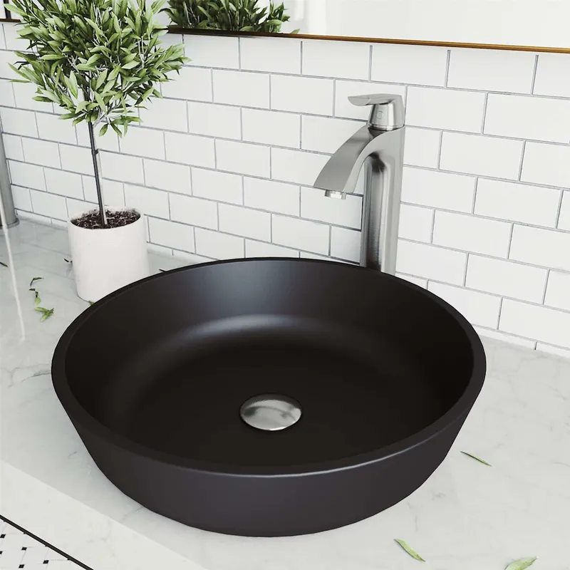 Vigo Modus 17" Circular Glass Vessel Bathroom Sink with 1.2 GPM 11" Deck Mounted Bathroom Faucet and Pop-Up Drain Assembly Reduced Price