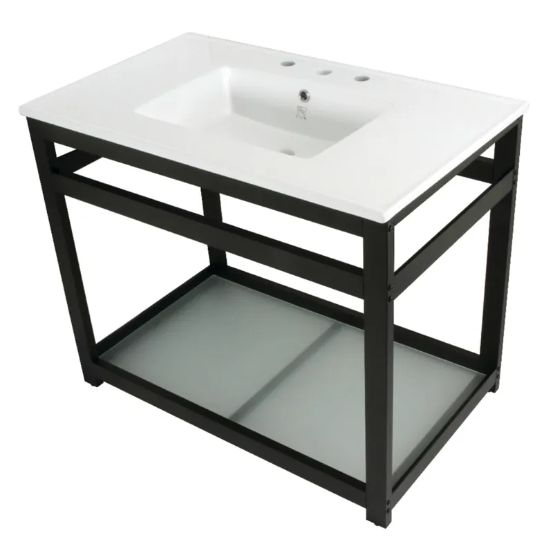 Kingston Brass Quadras 37-3/8" Rectangular Ceramic, Steel, and Glass Drop In Bathroom Sink with Overflow and 3 Faucet Holes at 8" Centers Super Sale