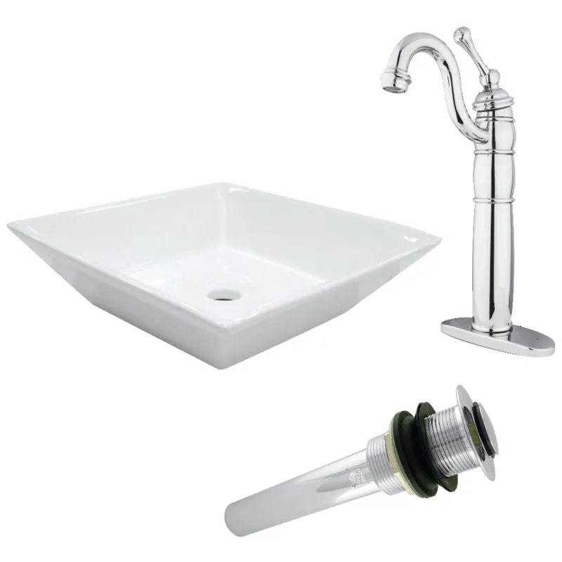Kingston Brass Perfection 16-9/16" Ceramic Vessel Bathroom Sink with 1.2 GPM Deck Mounted Bathroom Faucet and Pop-Up Drain Assembly Worldwide Shipping