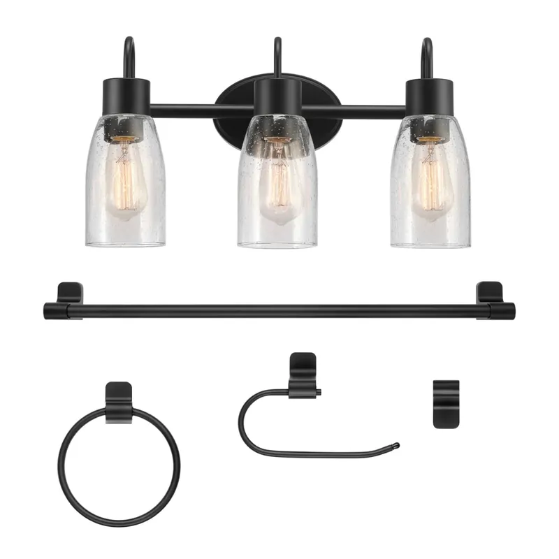 Globe Electric Katheryn Bathroom Vanity Set - 3 Light 19" Wide Vanity Light, Towel Bar, Robe Hook, Toilet Paper Holder, and Towel Ring Included Today Only