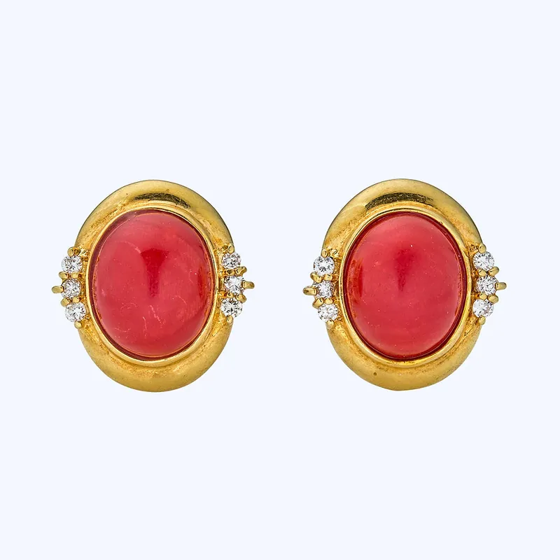 18K Yellow Gold, Coral and Diamond Earrings Free Returns