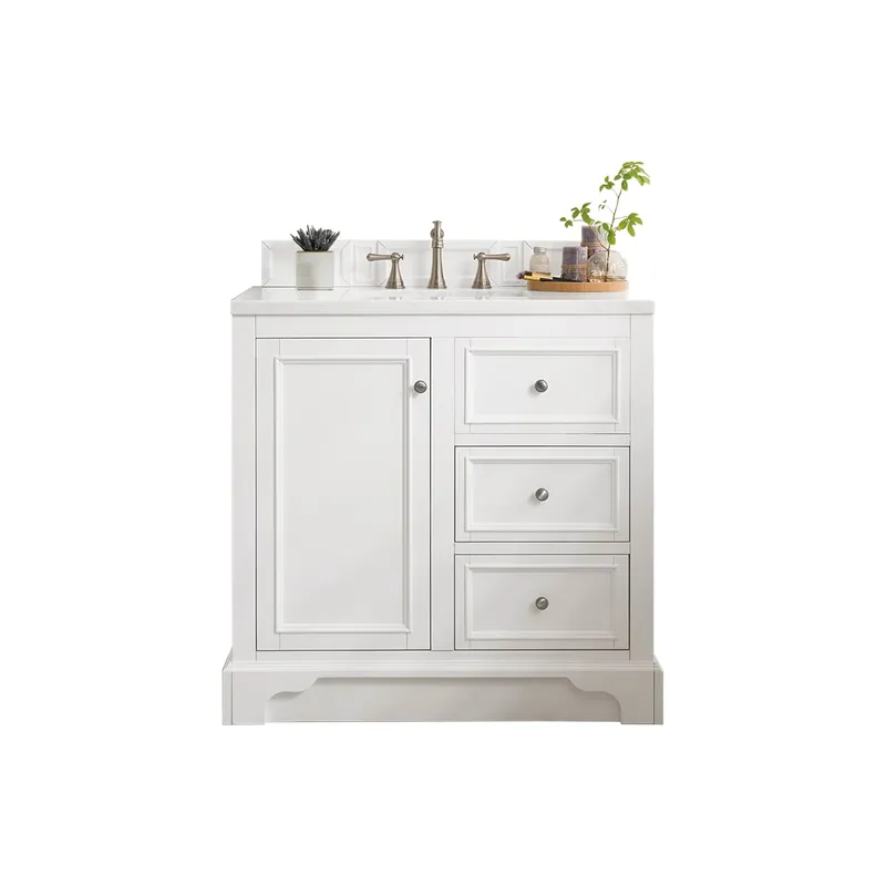 Modern James Martin Vanities De Soto 36" Free Standing Single Basin Vanity Set with Wood Cabinet, 3cm Quartz Vanity Top, USB Port and Electrical Outlet