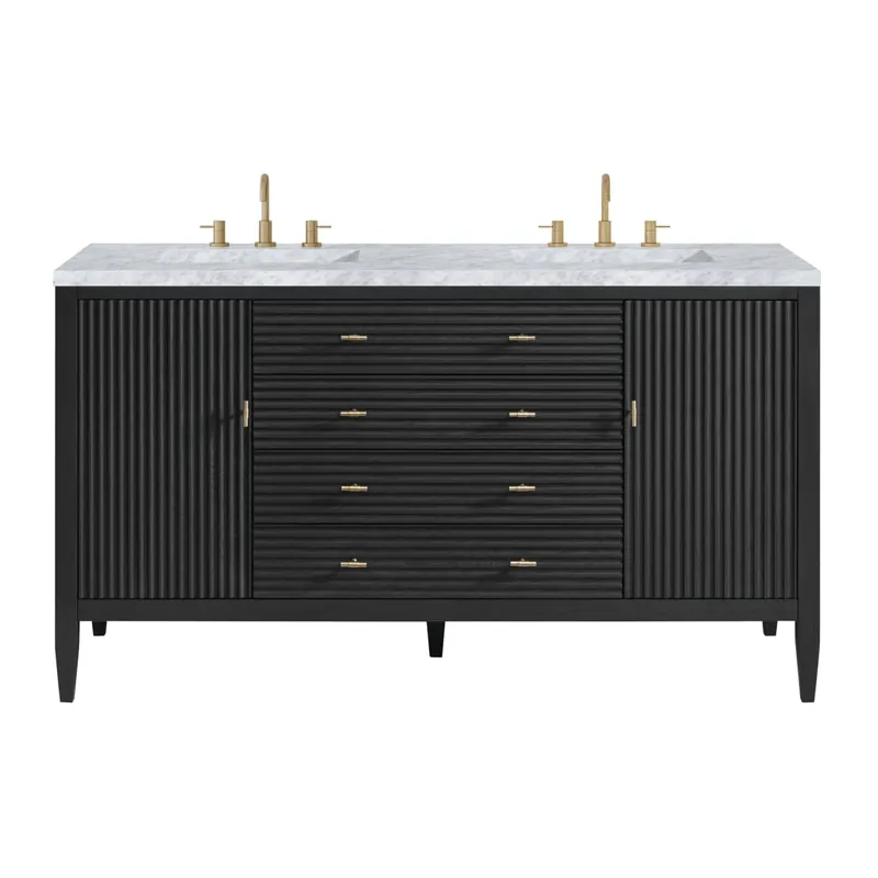 Affordable James Martin Vanities Myrrin 60" Double Basin Wood Vanity Set with 3cm Carrara White Marble Vanity Top, Rectangular Sinks and Electrical Outlet - 8" Faucet Centers