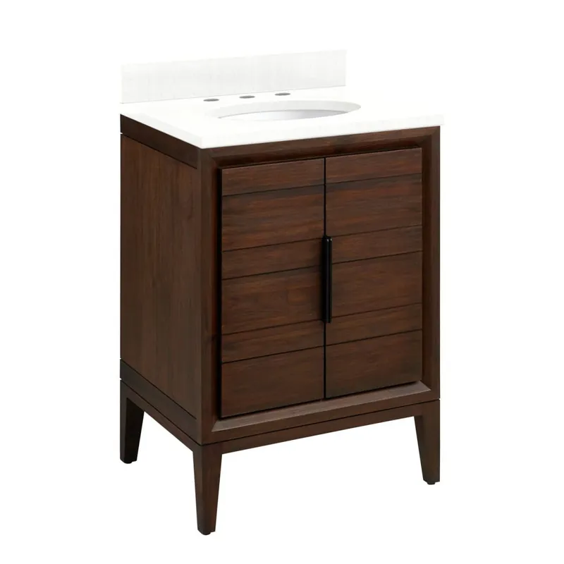 Signature Hardware Aliso 24" Freestanding Teak Single Basin Vanity Set with Cabinet, Vanity Top, and Oval Undermount Sink - 8" Widespread Faucet Holes Money Back Guarantee