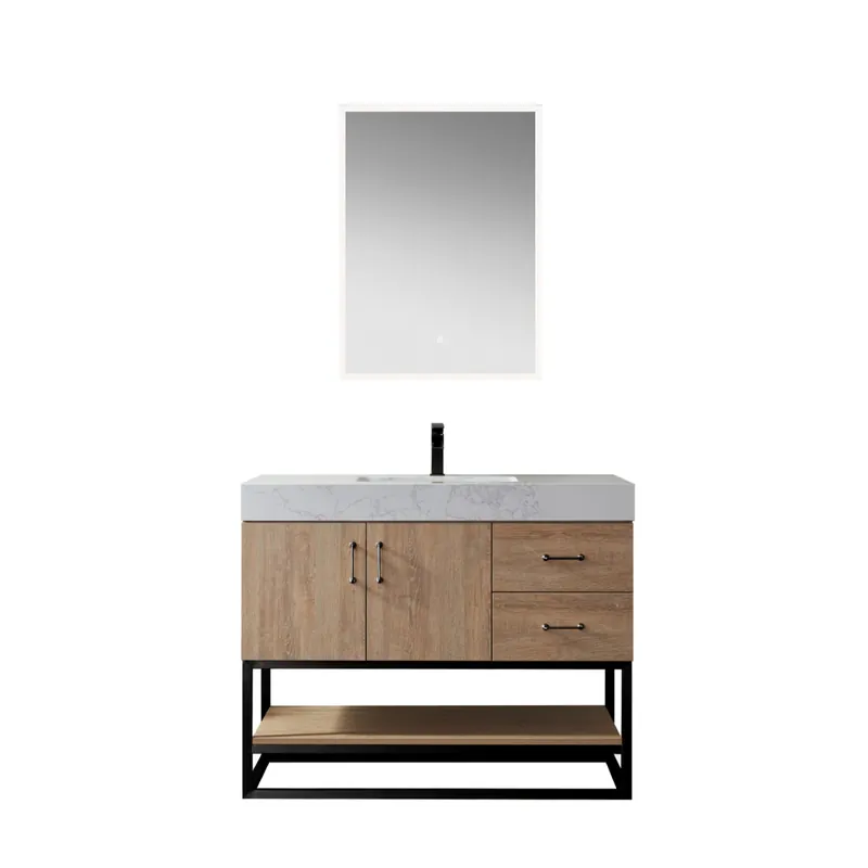 Low Price Miseno Alistair 42" Free Standing Single Basin Vanity Set with Cabinet and Stone Vanity Top with USB Port and Electrical Outlet and Matching Mirror