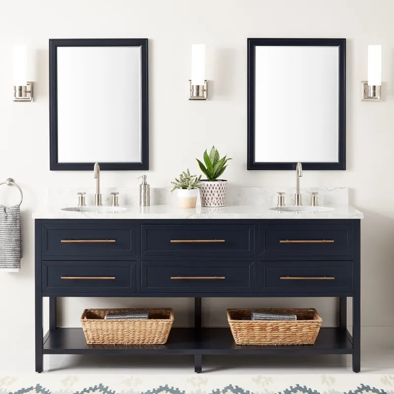 Price Cut Signature Hardware Robertson 72" Freestanding Mahogany Double Basin Vanity Set with Cabinet, Vanity Top, and Oval Undermount Sinks - 8" Faucet Holes