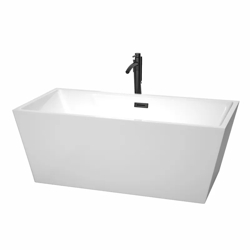 Hot Deal Wyndham Collection Sara 63" Free Standing Acrylic Soaking Tub with Center Drain, Drain Assembly, and Overflow - Includes Floor Mounted Tub Filler with Hand Shower