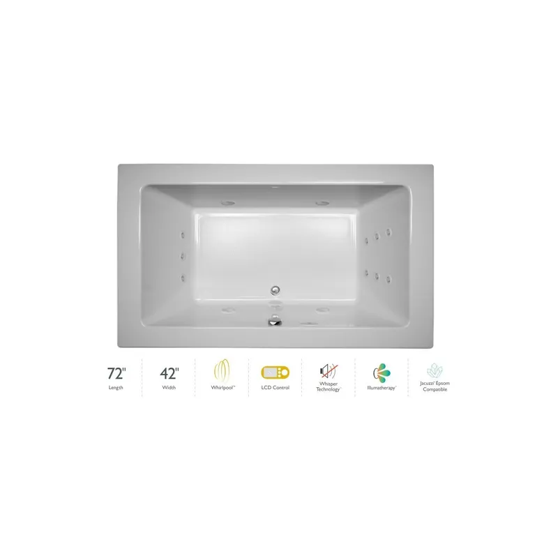 Same Day Shipping Jacuzzi 72" x 42" Sia® Drop In Luxury Whirlpool Bathtub with 13 Jets, LCD Controls, Illumatherapy, Heater, Center Drain and Right Pump
