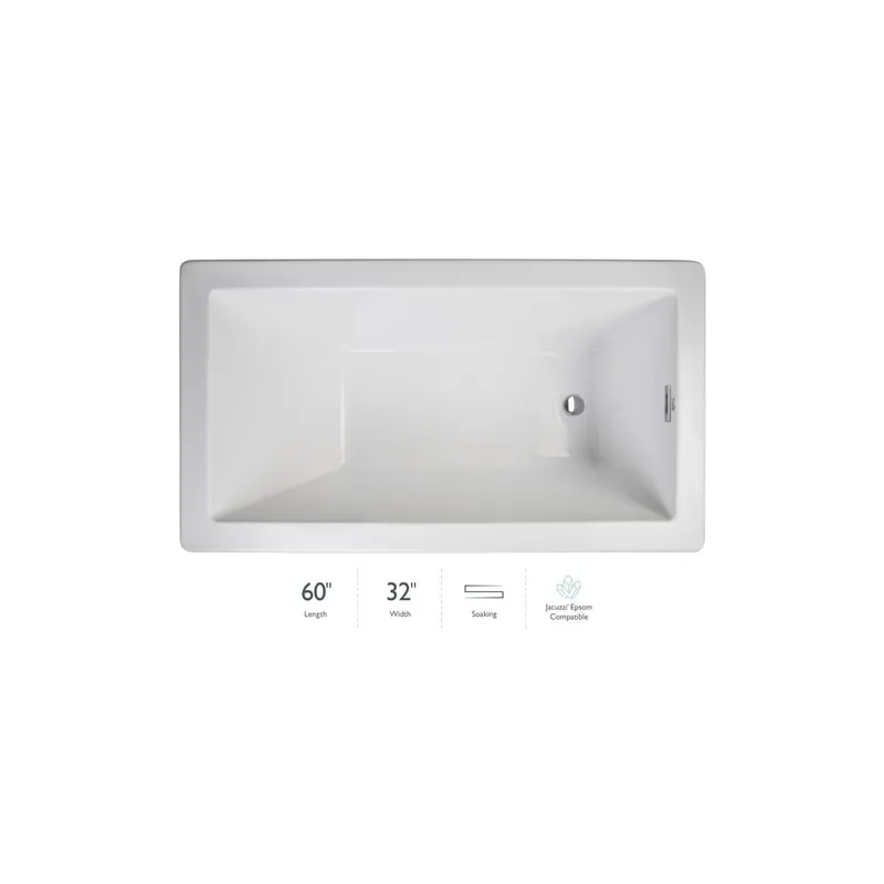 Buy Online Jacuzzi Elara Low Profile 60" x 32" Acrylic Soaking Bathtub for Drop-In Installations with Reversible Drain