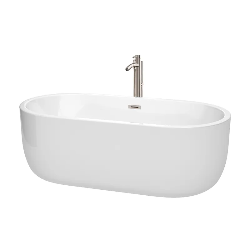 Wyndham Collection Juliette 67" Free Standing Acrylic Soaking Tub with Center Drain, Drain Assembly, and Overflow - Includes Floor Mounted Tub Filler with Hand Shower Direct From Manufacturer