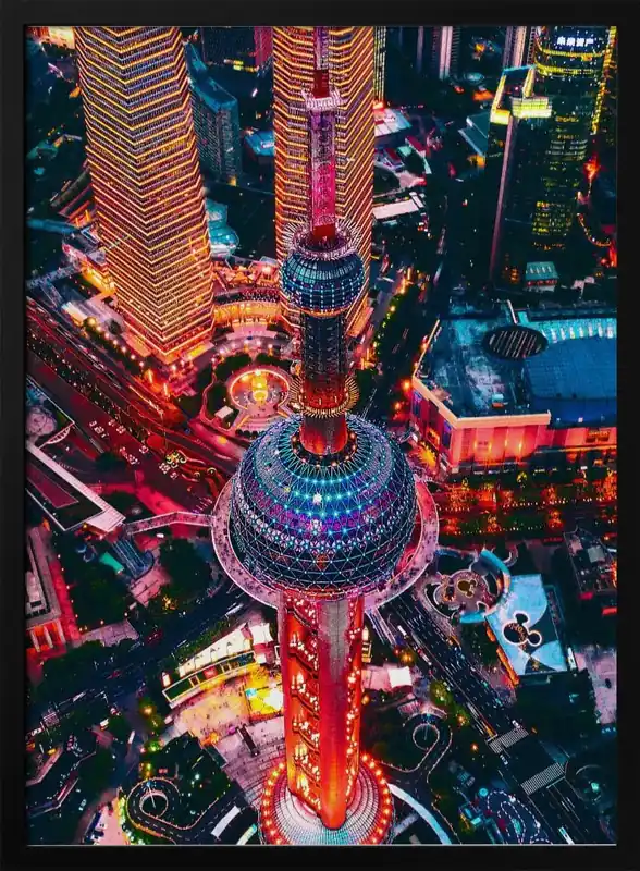 Top Rated Framed Art of Oriental Pearl Tower by Carmine Chiriacò 24x36 Home Office Decor - 24x36 \\/ Black Frame