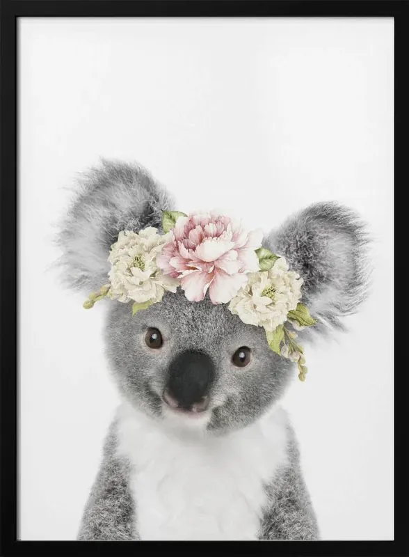 Exclusive Framed Floral Baby Koala Art - Lola Peacock 24x36 for Home or Office Decor - 24x36 \\/ Black Frame