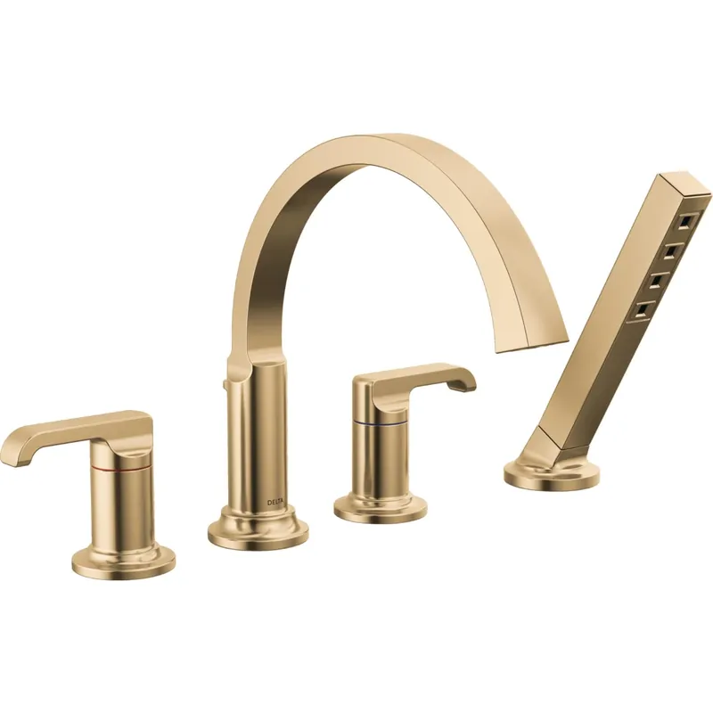 Big Sale Delta Tetra Deck Mounted Roman Tub Filler with Built-In Diverter and Hand Shower - Less Handles and Rough In