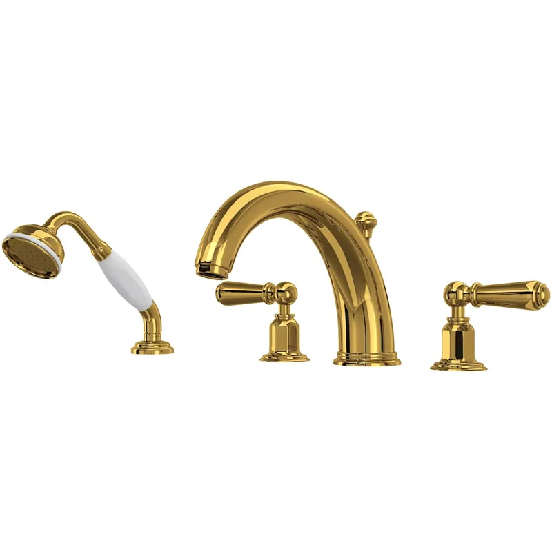 Shop Now Perrin and Rowe Edwardian Deck Mounted Roman Tub Filler with Built-In Diverter - Includes Hand Shower