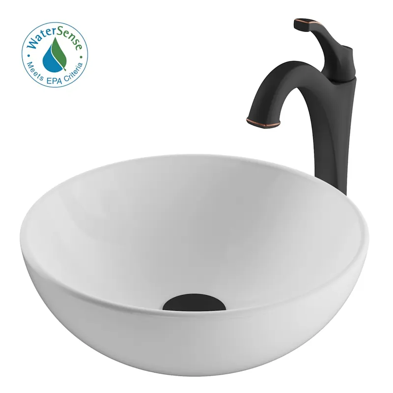 Kraus Elavo and Arlo 13-11/16" Vitreous China Vessel Bathroom Sink with 1.2 GPM Deck Mounted Bathroom Faucet and Push Button Drain Assembly Secure Checkout