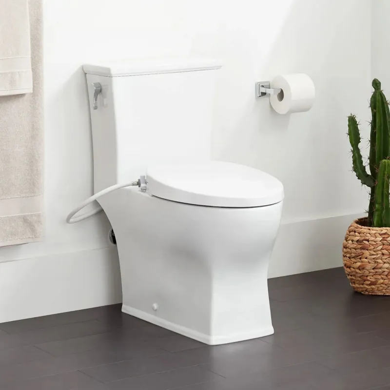 Signature Hardware Carraway 1.28 GPF One Piece Elongated Chair Height Toilet with Left Hand Lever - Bidet Seat Included Special Discount