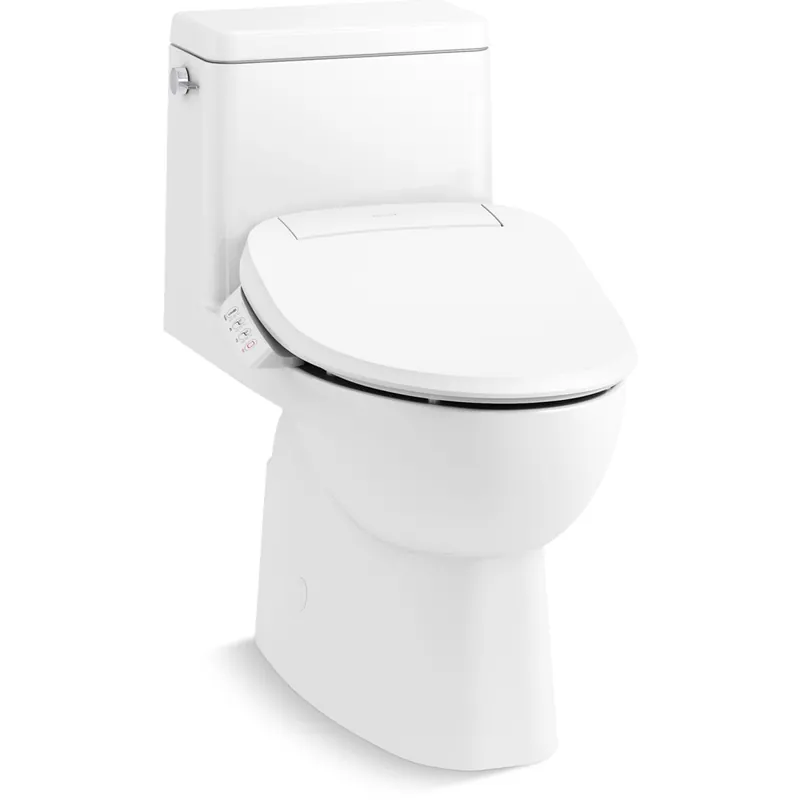Hassle-Free Returns Kohler Reach 1.28 GPF One-Piece Compact Elongated Chair Height Toilet with Fully Skirted Trapway - Includes PureWash E545 Elongated Closed-Front Bidet Seat with Heated Seat, Adjustable Water Temperature and Pressure, Front and Rear Wash Modes, Automatically UV Light Self-Cleaning Wand, Quiet-Close, Quick-Release, and LED Night Light Technologies