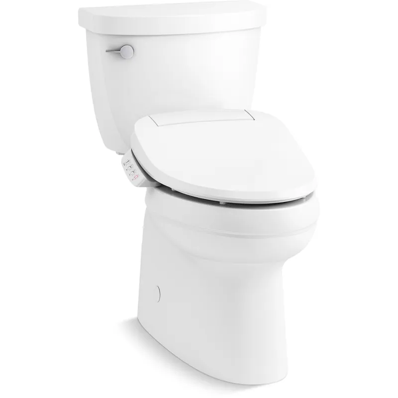 Kohler Cimmaron Two-Piece Comfort Height Elongated Toilet with Fully Skirted Trapway - Includes PureWash E525 Elongated Bidet Seat with Continuously Heated Water, Automatically UV Light Self-Cleaning Stainless Steel Wand, Front and Rear Wash Modes, Adjustable Water Temperature and Pressure, Quiet-Close, and Quick-Release Technologies Editor’s Pick