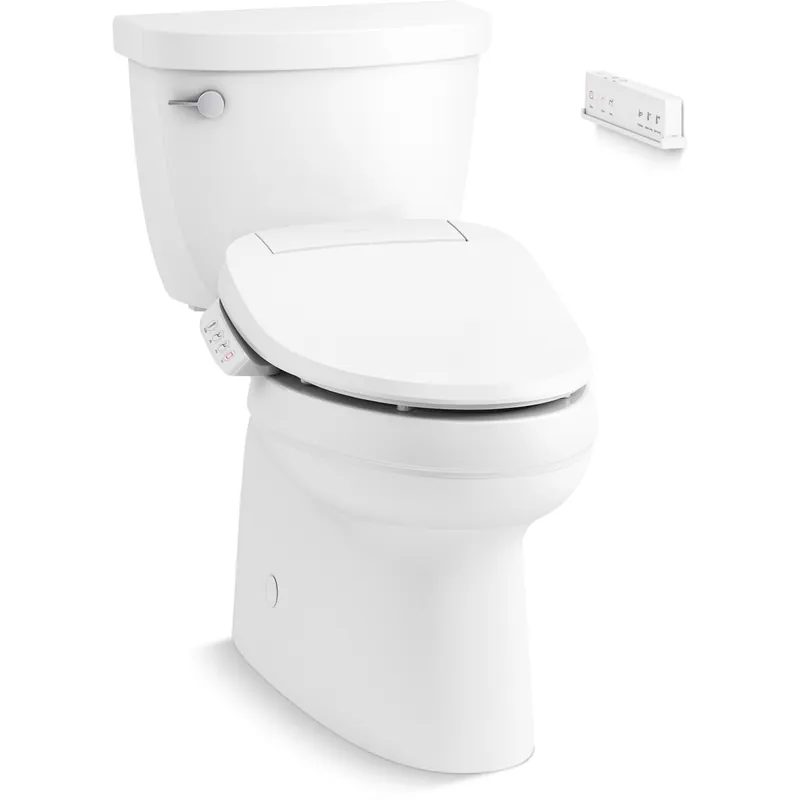 Kohler Cimmaron Two-Piece Comfort Height Elongated Toilet with Fully Skirted Trapway - Includes PureWash E700 Elongated Bidet Seat with Heated Seat, Automatically UV Light Self-Cleaning Wand, Handheld Remote, Adjustable Water Position and Pressure, Adjustable Water Temperature, Quiet-Close Lid, Quiet-Release Hinges, and LED Night Light Limited Time