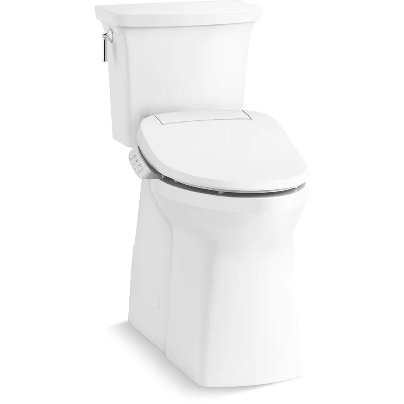 Kohler Corbelle Tall 1.28 GPF Two Piece Elongated Toilet With Left Hand Trip Lever and Skirted Trapway - Includes PureWash E525 Elongated Bidet Seat with Continuously Heated Water, Automatically UV Light Self-Cleaning Stainless Steel Wand, Front and Rear Wash Modes, Adjustable Water Temperature and Pressure, Quiet-Close, and Quick-Release Technologies Trusted Brand