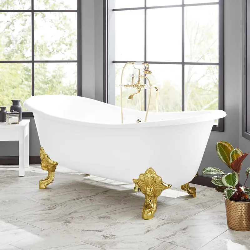 Signature Hardware Lena 59" Cast Iron Soaking Clawfoot Tub with Pre-Drilled Overflow Hole and 7" Rim Holes - Less Drain Secure Checkout