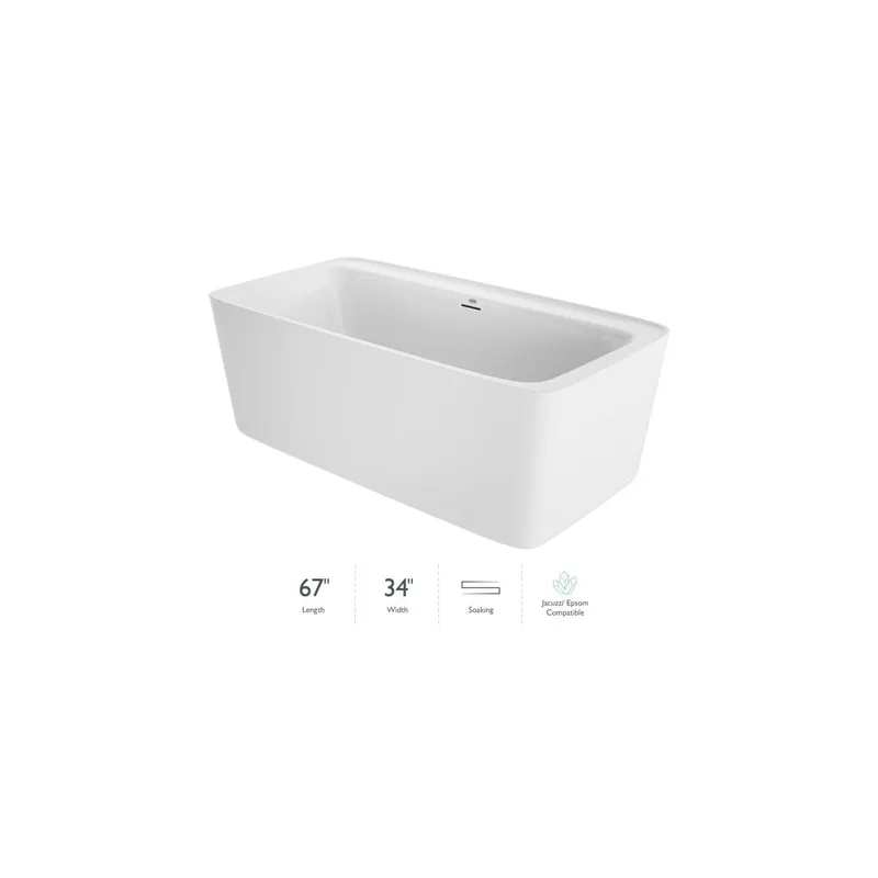 Affordable Jacuzzi Adatto 67" Free Standing Acrylic Soaking Tub with Center Drain, Pop-Up Drain Assembly and Overflow