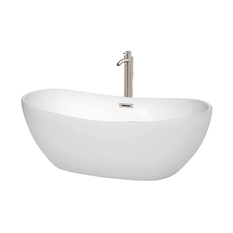 Secure Checkout Wyndham Collection Rebecca 65" Freestanding Acrylic Soaking Tub with Center Drain, Drain Assembly, and Overflow - Includes Tub Filler with Personal Handshower