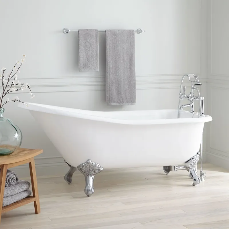 Signature Hardware Goodwin 66" Cast Iron Soaking Slipper Clawfoot Tub with Included Overflow Drain and 7" Rim Holes Factory Price
