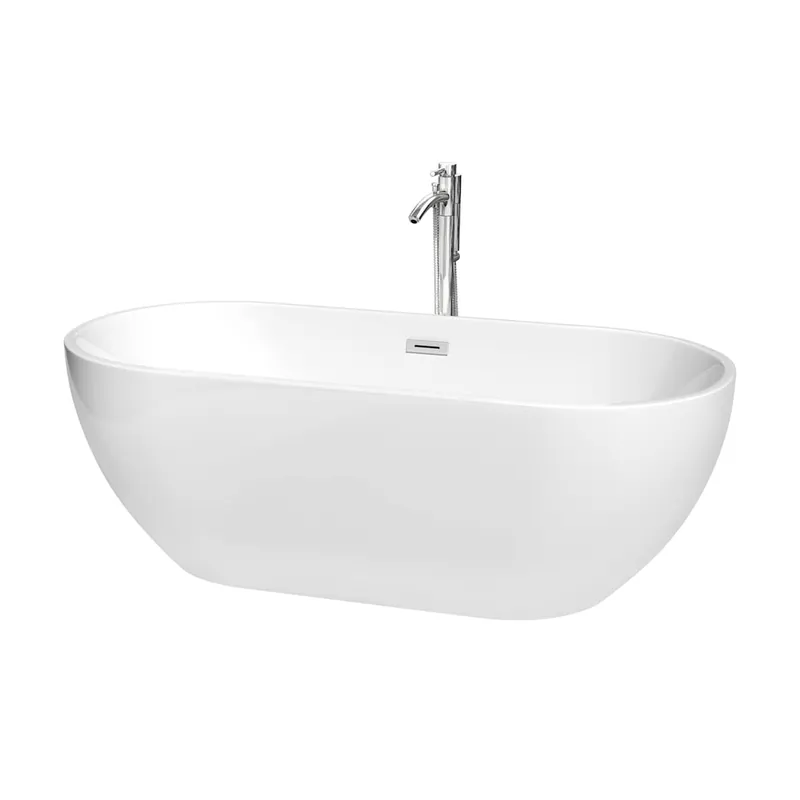 Wyndham Collection Brooklyn 67" Free Standing Acrylic Soaking Tub with Center Drain, Drain Assembly, and Overflow - Includes Floor Mounted Tub Filler with Hand Shower Super Sale