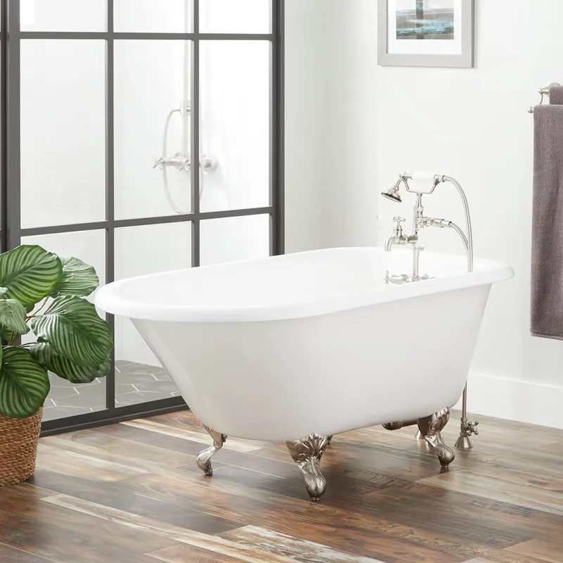 Buy Today Signature Hardware Miya 54" Cast Iron Soaking Clawfoot Tub with Included Overflow Drain, Rolled Rim, and 3-3/8" Wall Holes