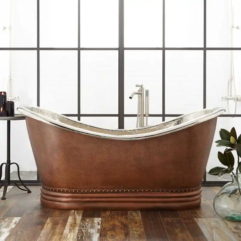 Signature Hardware Paige 72" Copper Double Slipper Polished Interior Pedestal Tub with Rolled Rim - Less Drain Viral