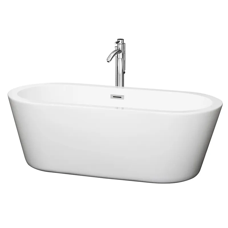Top Pick Wyndham Collection Mermaid 67" Free Standing Acrylic Soaking Tub with Center Drain, Drain Assembly, and Overflow - Includes Floor Mounted Tub Filler with Hand Shower