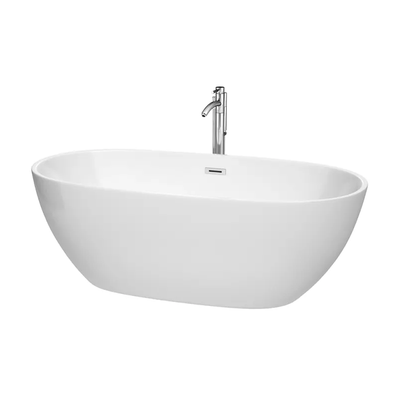 Trending Wyndham Collection Juno 67" Free Standing Acrylic Soaking Tub with Center Drain, Drain Assembly, and Overflow - Includes Floor Mounted Tub Filler with Hand Shower