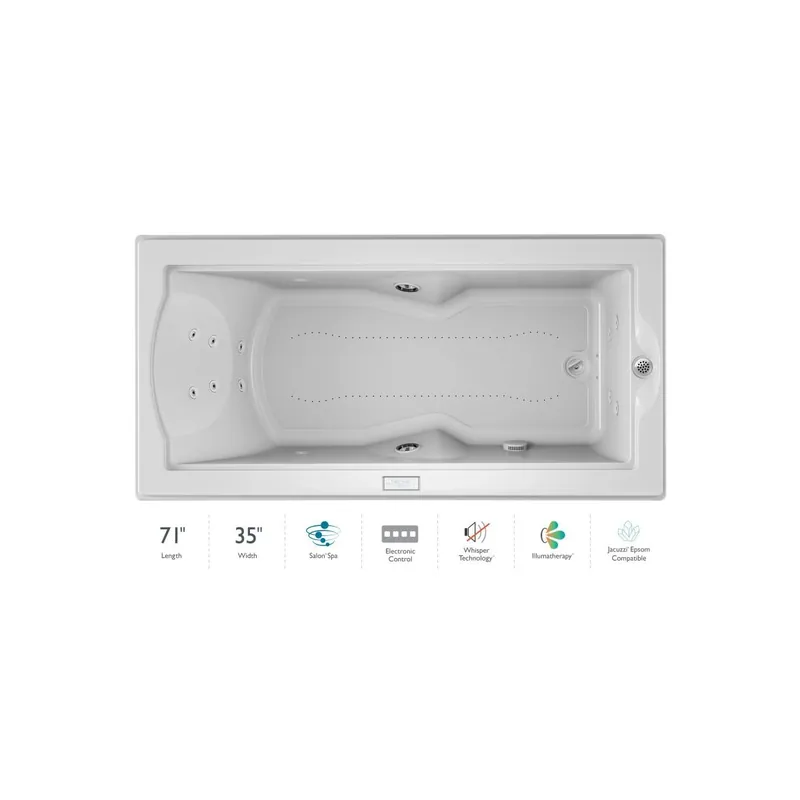 Jacuzzi 72" x 36" Fuzion Drop In Luxury Salon Spa Bathtub with 14 Jets, Luxury Controls, Illumatherapy, Heater, Right Drain and Left Pump - Integrated Drain Assembly Included New Release