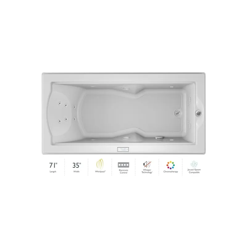 Jacuzzi 72" x 36" Fuzion Drop In Luxury Whirlpool Bathtub with 14 Jets, Luxury Controls, Chromatherapy, Heater, Right Drain and Left Pump - Integrated Drain Assembly Included Handmade