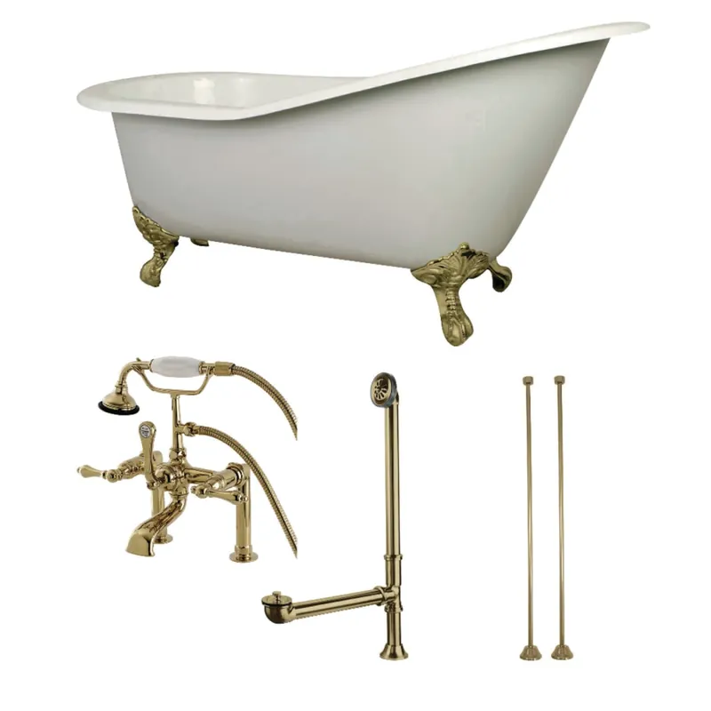 Kingston Brass Aqua Eden 62" Free Standing Brass and Cast Iron Soaking Tub with Tub Filler, Reversible Drain, Drain Assembly, and Overflow Worldwide Shipping