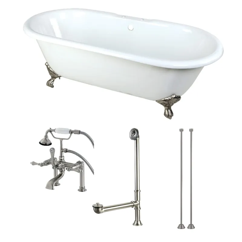 Kingston Brass Aqua Eden 66" Free Standing Brass and Cast Iron Soaking Tub with Tub Filler, Center Drain, Drain Assembly, and Overflow Handmade