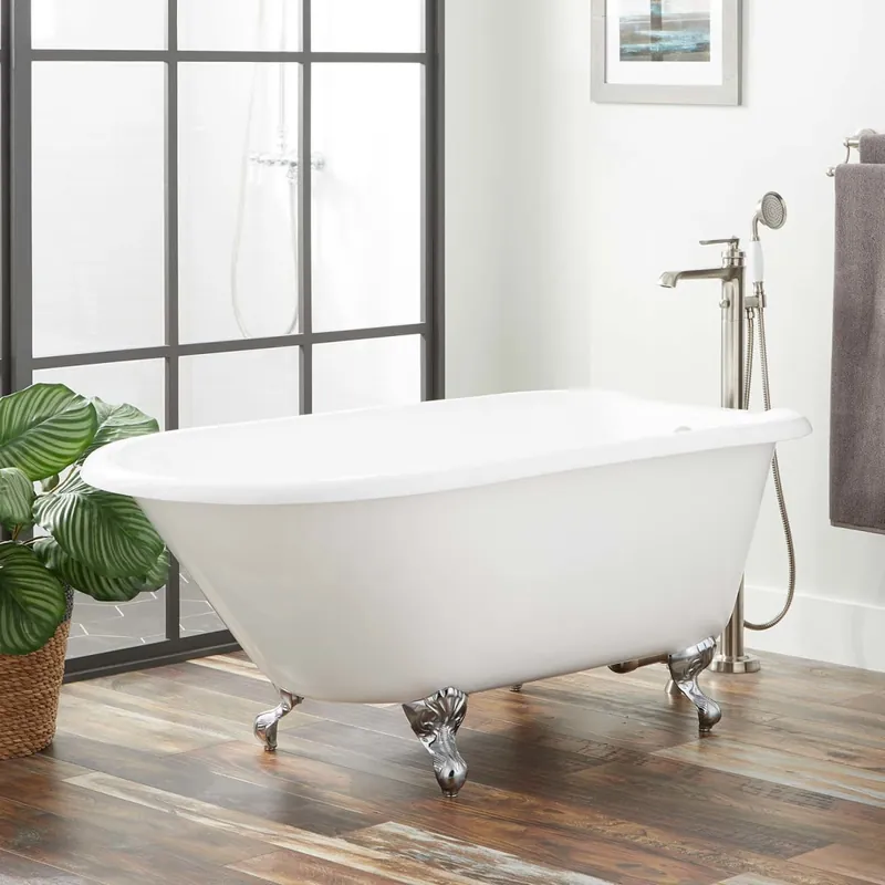 High Quality Signature Hardware Miya 61" Cast Iron Soaking Clawfoot Tub with Included Overflow Drain, 7" Rim Holes, and Tap Deck