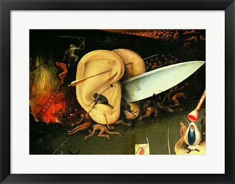 The Garden of Earthly Delights: Hell, right wing of triptych, detail of ears with a knife, c.1500 by Hieronymus Bosch - 14x18 \\/ Framed Art Deal